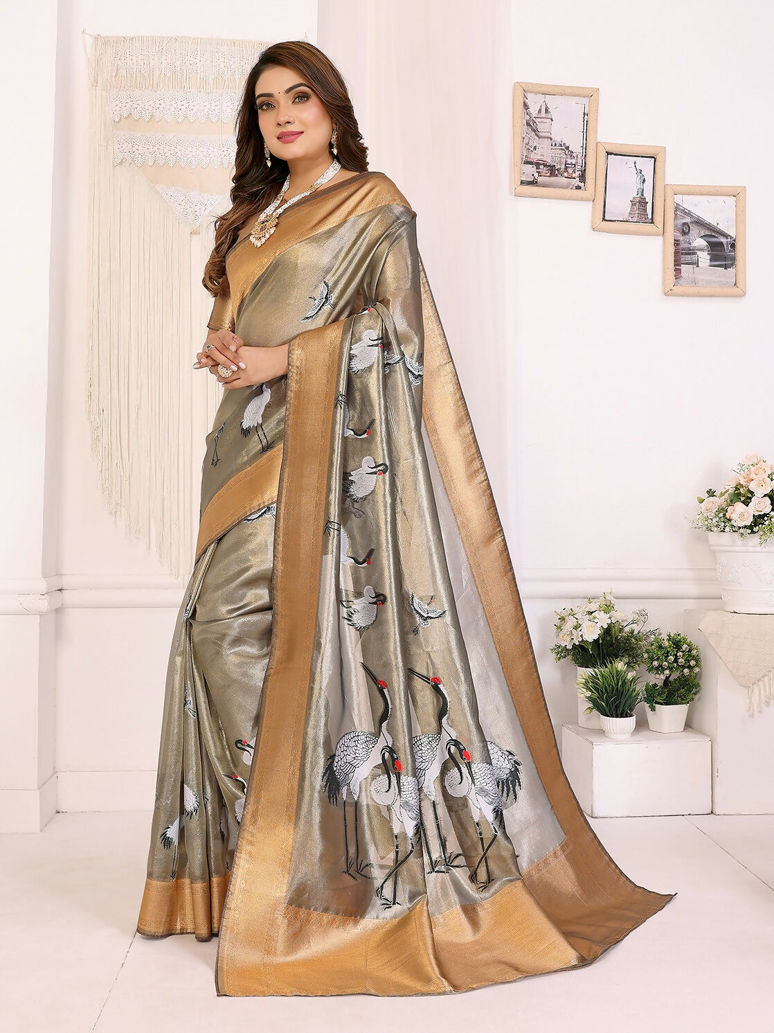 Joban Fashion Golden Cranes Patterns Banarasi Silk Sarees | Swadesiicart
