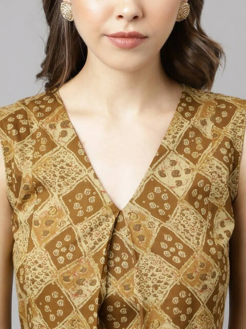FIORRA Women's Brown Cotton A-Line Kurta Palazzo Set - Swadesiicart