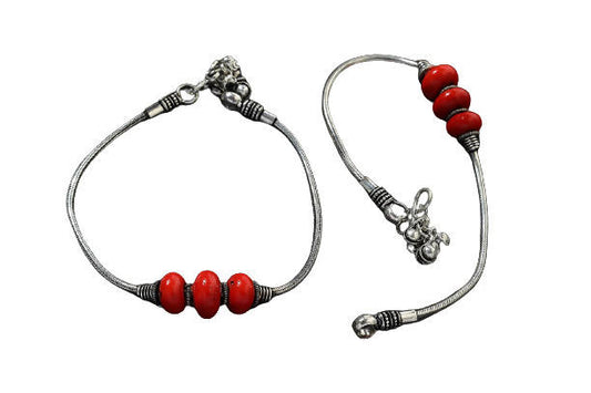 Mominos Fashion Kamal Johar Oxidised Silver With Red Beads Anklets | Swadesiicart