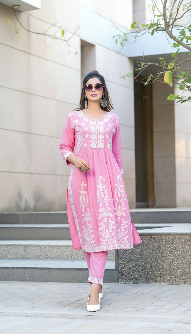 BulBul Arushi Pink Rayon Kurta Set with Lucknowi Work - Swadesiicart