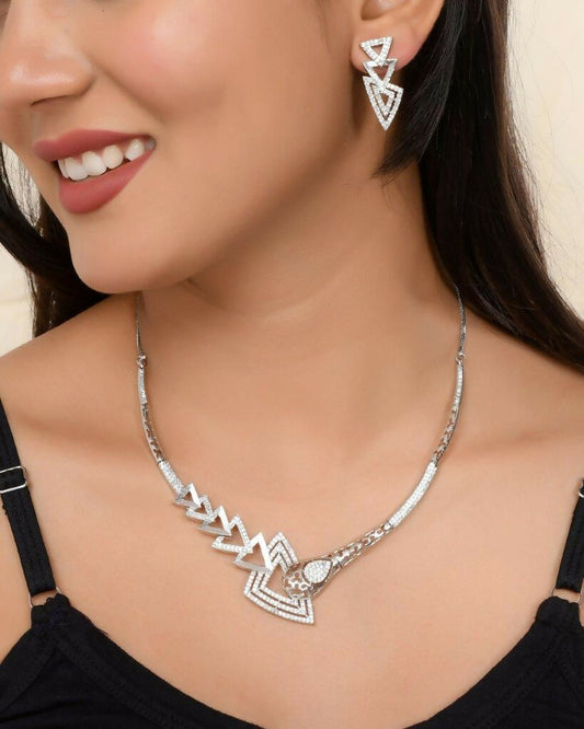 VOJ Silver Plated AD Studded Designer Handcrafted Jewellery Set - Swadesiicart