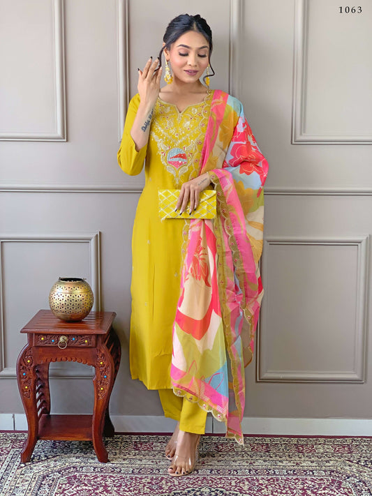 PartywearDesigner Viscose Yellow Stitched Suit With Dupatta - Tanisha | Swadesiicart
