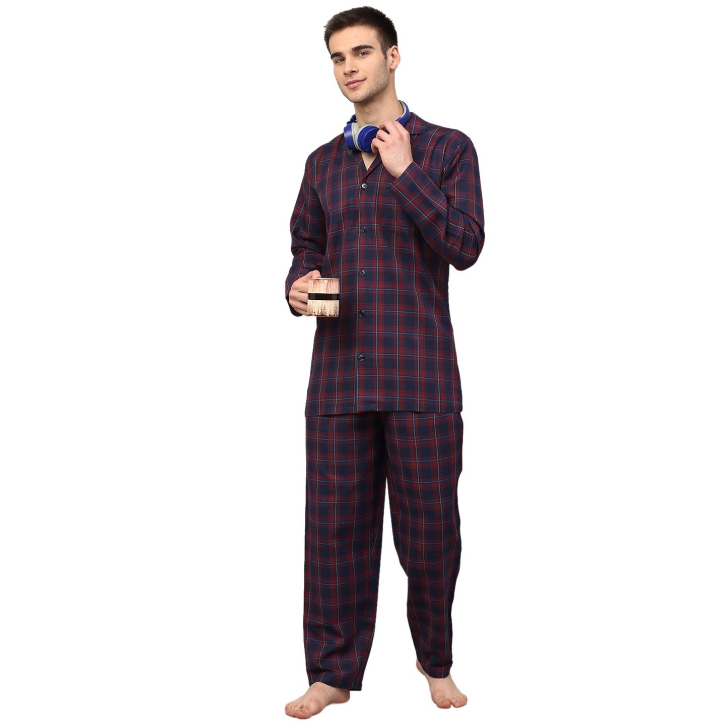 Jainish Men's Blue Checked Night Suits ( GNS 001Blue-Red ) | Swadesiicart