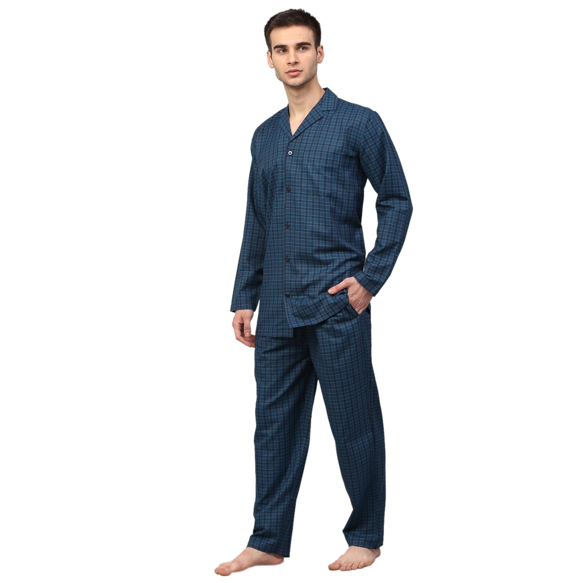 Jainish Men's Blue Checked Night Suits ( GNS 001Blue ) | Swadesiicart