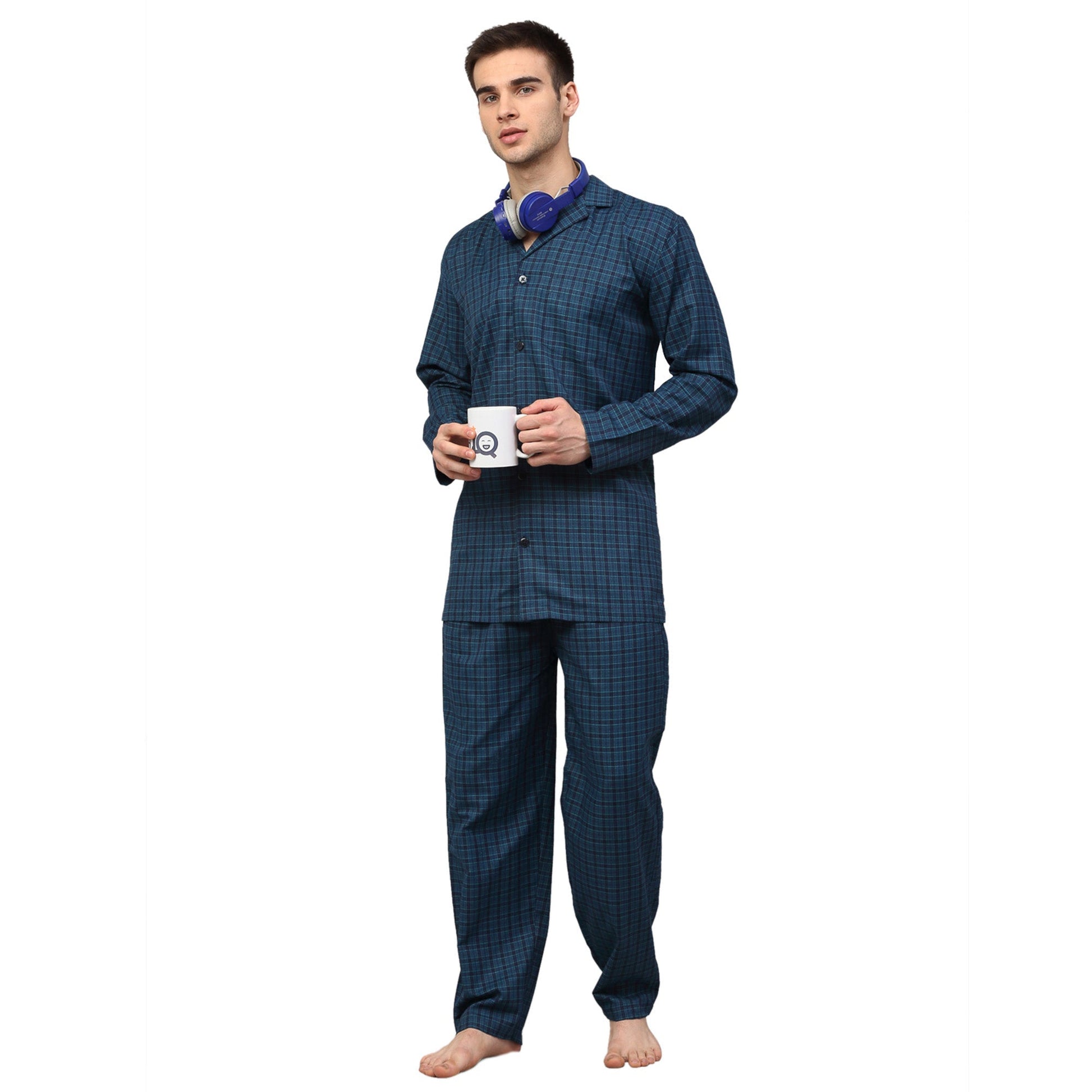 Jainish Men's Blue Checked Night Suits ( GNS 001Blue ) | Swadesiicart