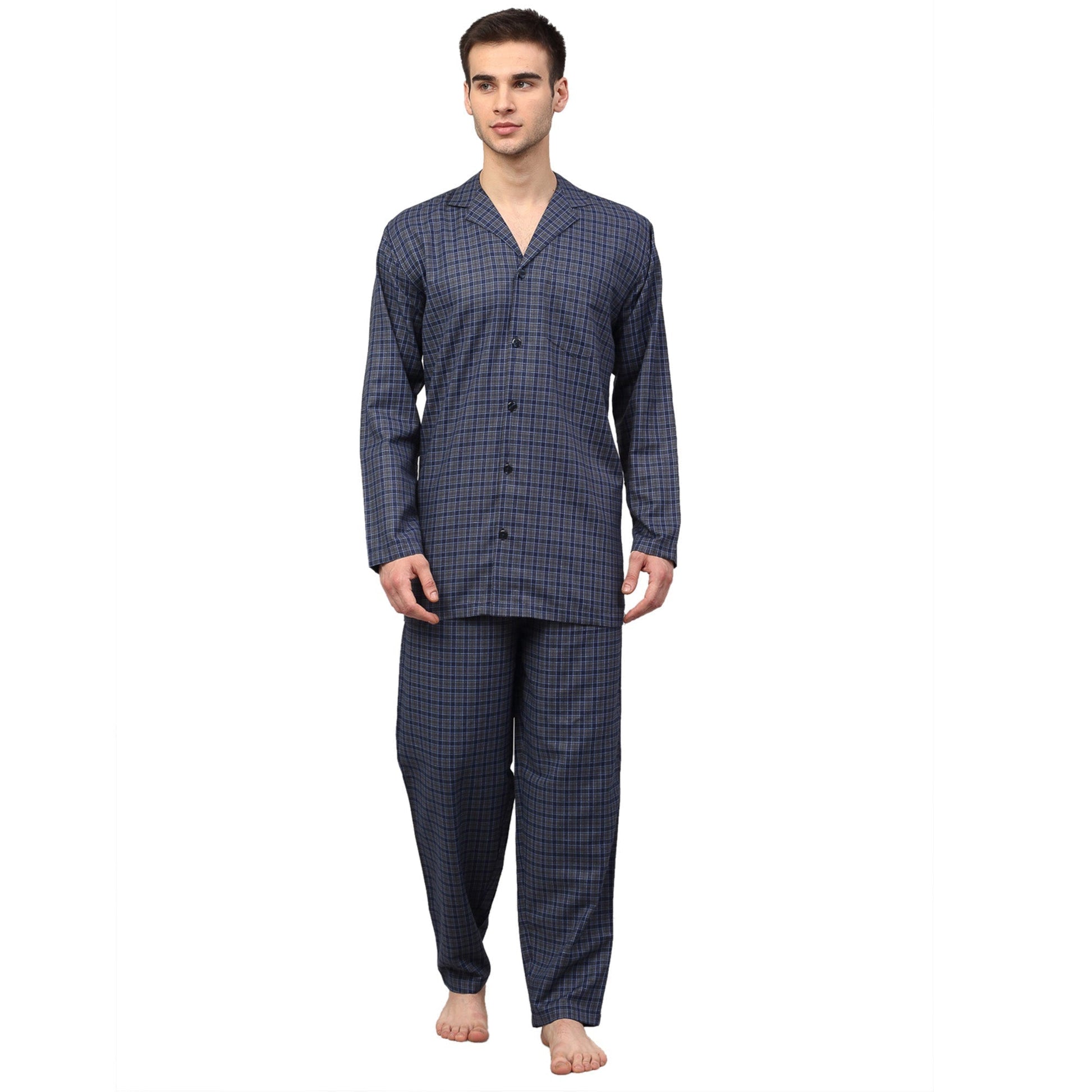 Jainish Men's Navy Blue Checked Night Suits ( GNS 001Navy-Grey ) | Swadesiicart