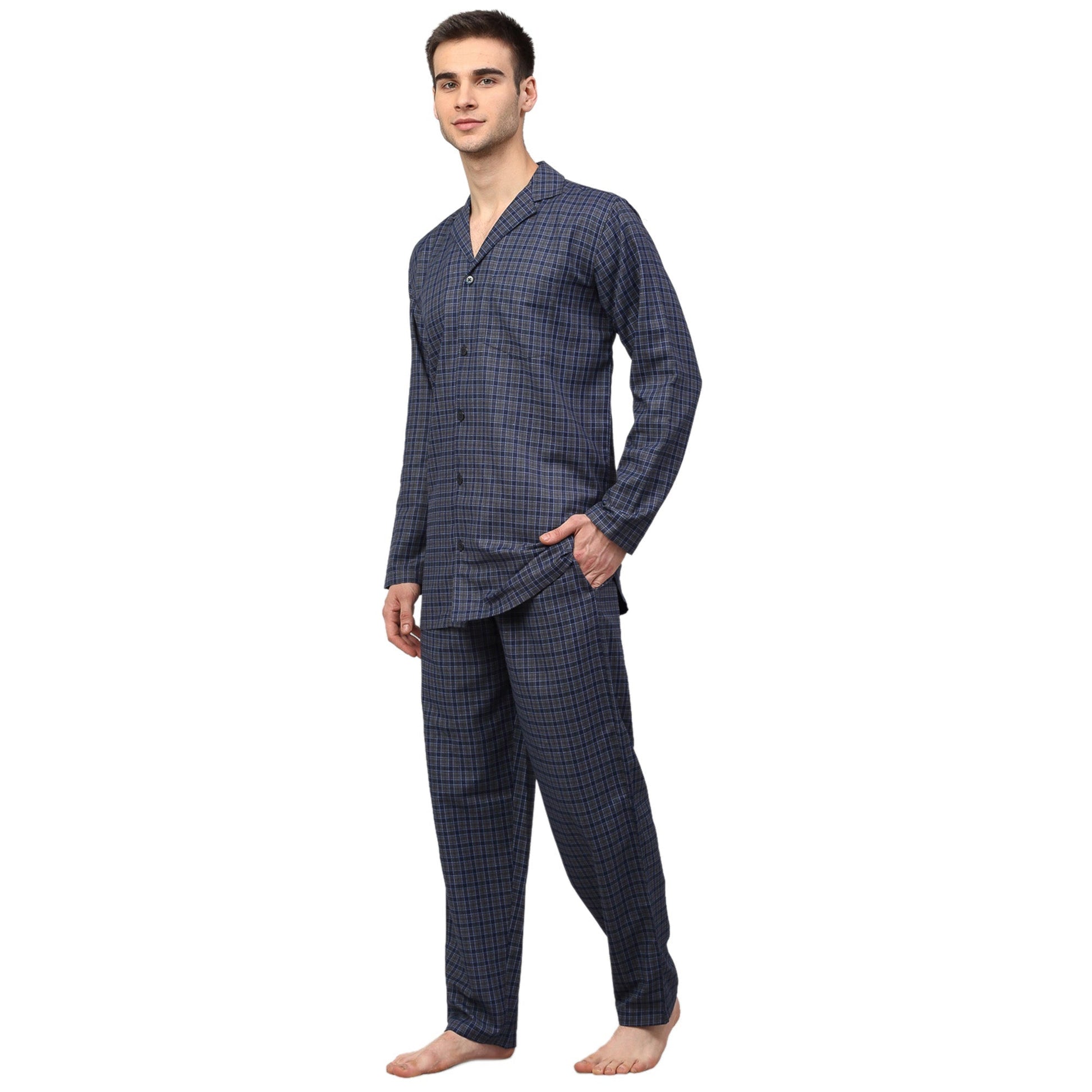 Jainish Men's Navy Blue Checked Night Suits ( GNS 001Navy-Grey ) | Swadesiicart