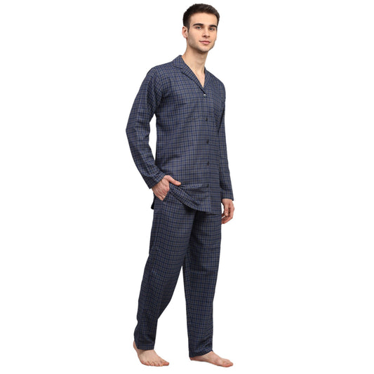 Jainish Men's Navy Blue Checked Night Suits ( GNS 001Navy-Grey ) | Swadesiicart