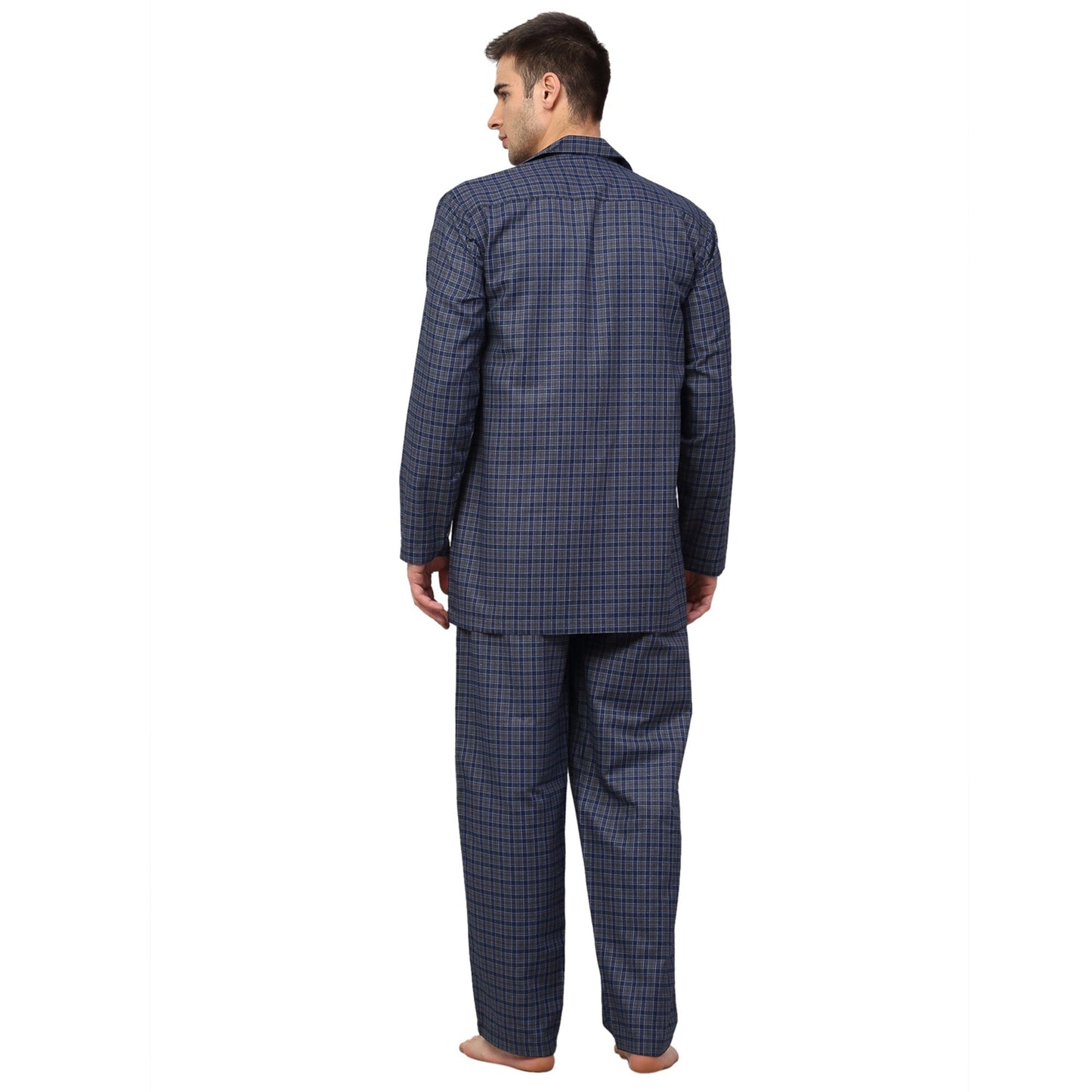 Jainish Men's Navy Blue Checked Night Suits ( GNS 001Navy-Grey ) | Swadesiicart
