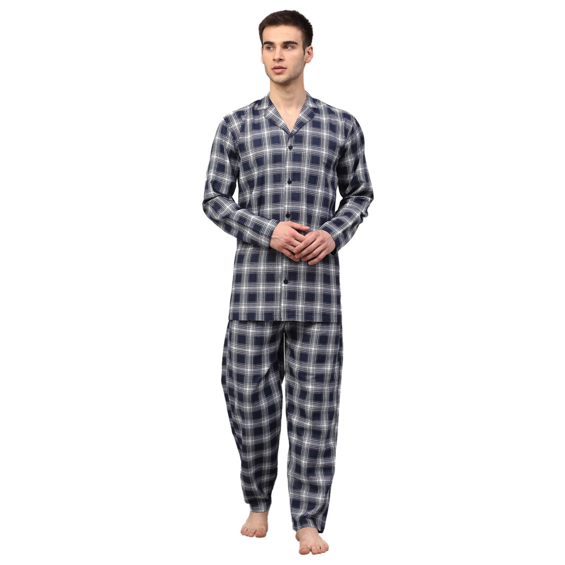 Jainish Men's Navy Blue Checked Night Suits ( GNS 001Navy-White ) | Swadesiicart