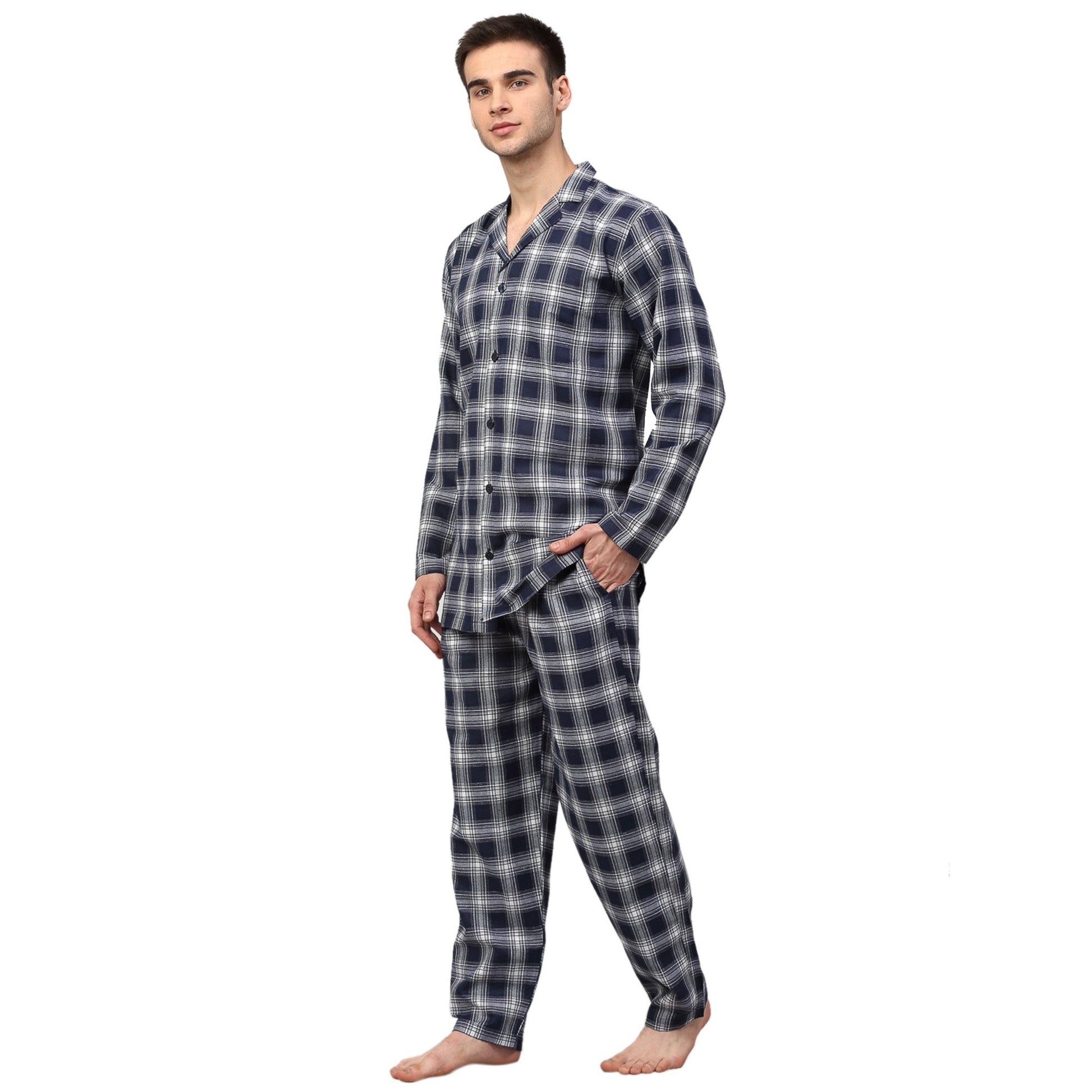 Jainish Men's Navy Blue Checked Night Suits ( GNS 001Navy-White ) | Swadesiicart