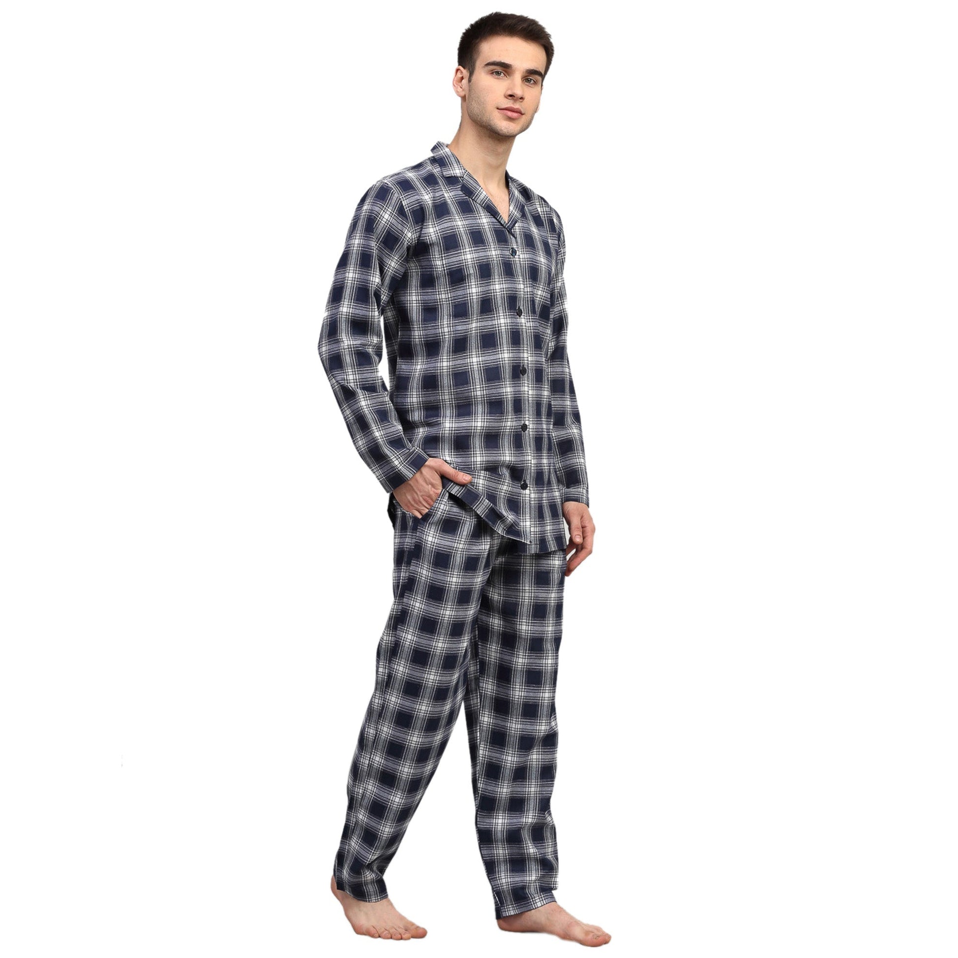 Jainish Men's Navy Blue Checked Night Suits ( GNS 001Navy-White ) | Swadesiicart