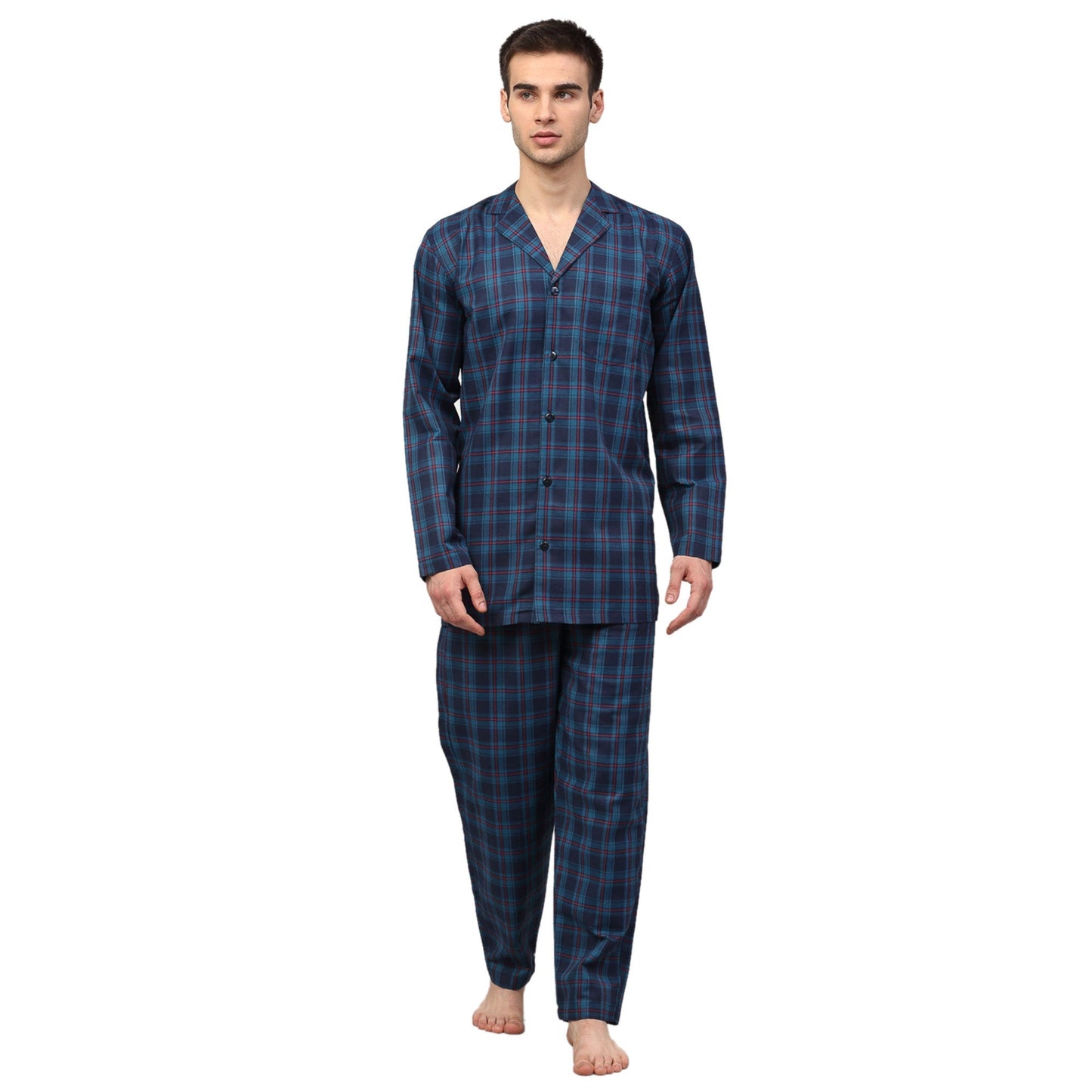 Jainish Men's Navy Blue Checked Night Suits ( GNS 001Navy ) | Swadesiicart