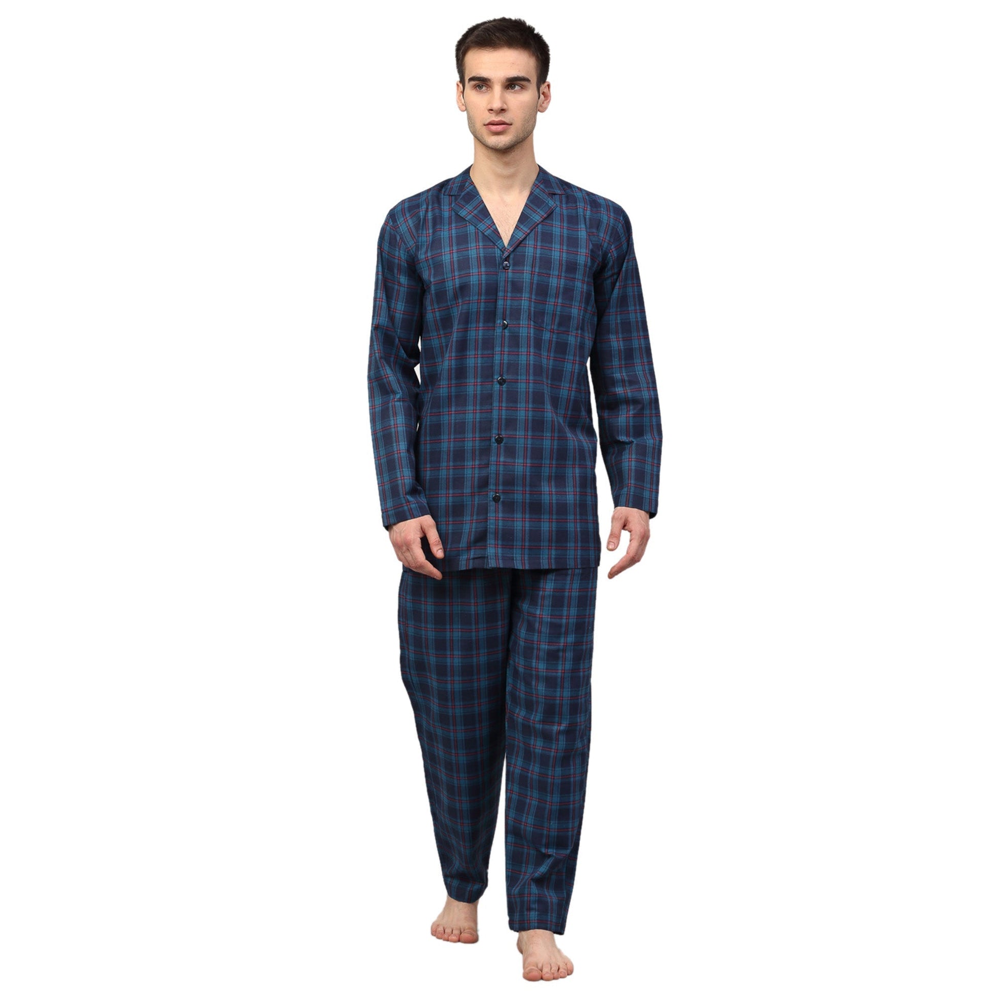 Jainish Men's Navy Blue Checked Night Suits ( GNS 001Navy ) | Swadesiicart