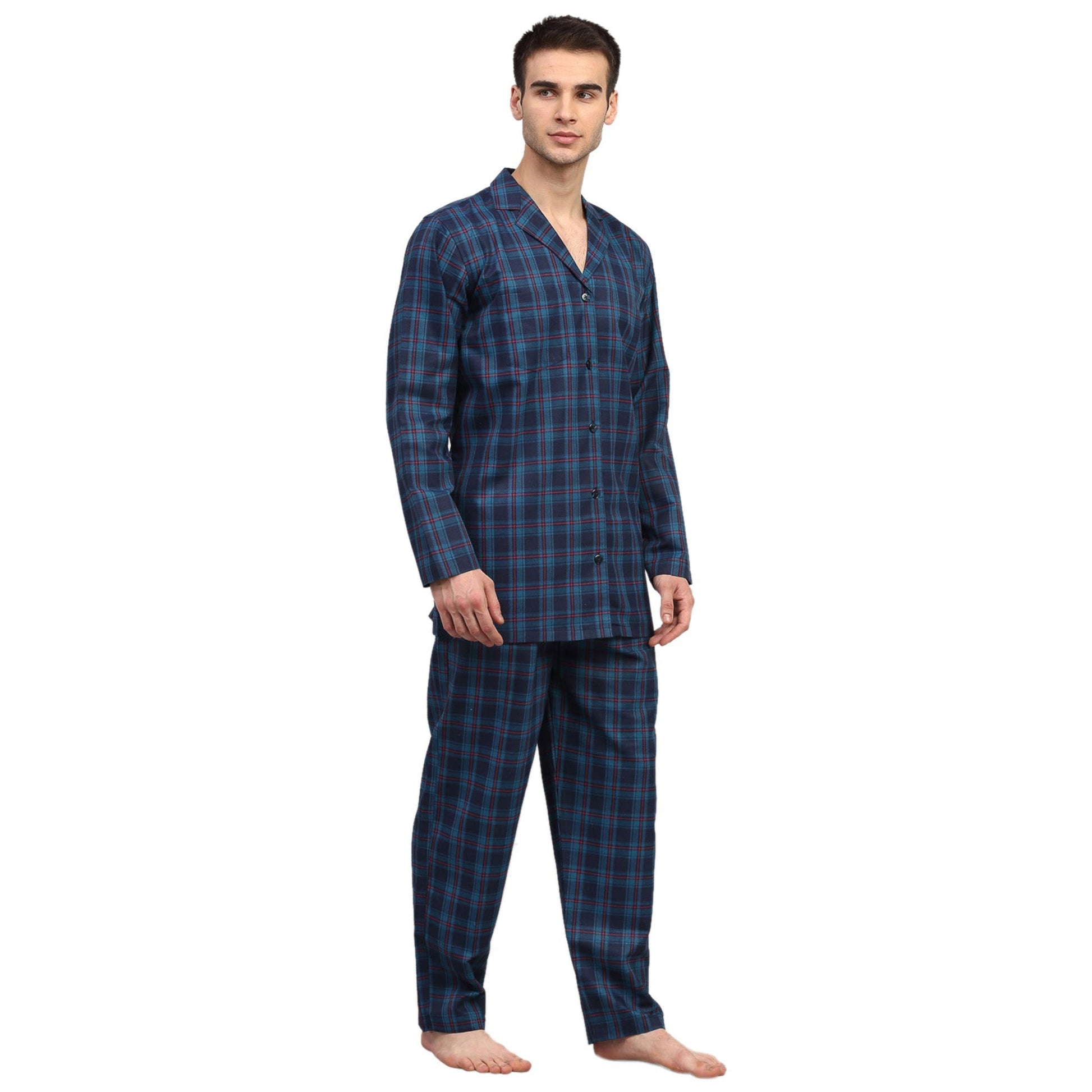 Jainish Men's Navy Blue Checked Night Suits ( GNS 001Navy ) | Swadesiicart