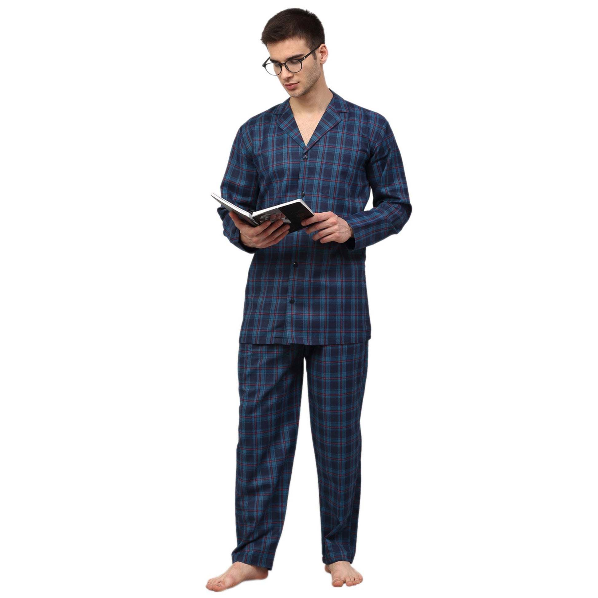 Jainish Men's Navy Blue Checked Night Suits ( GNS 001Navy ) | Swadesiicart