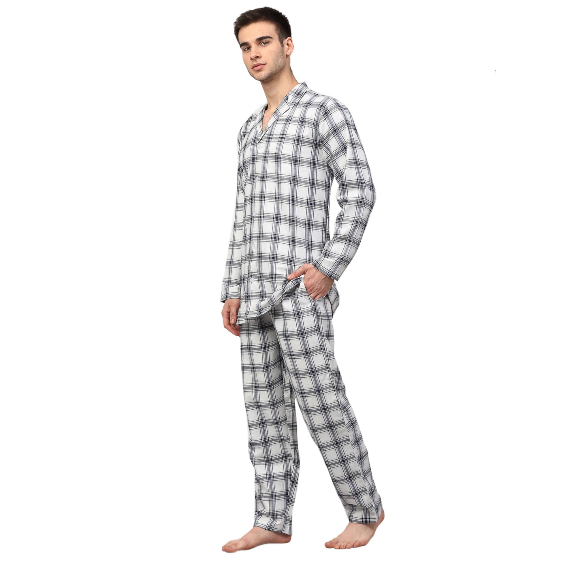 Jainish Men's White Checked Night Suits ( GNS 001White ) | Swadesiicart