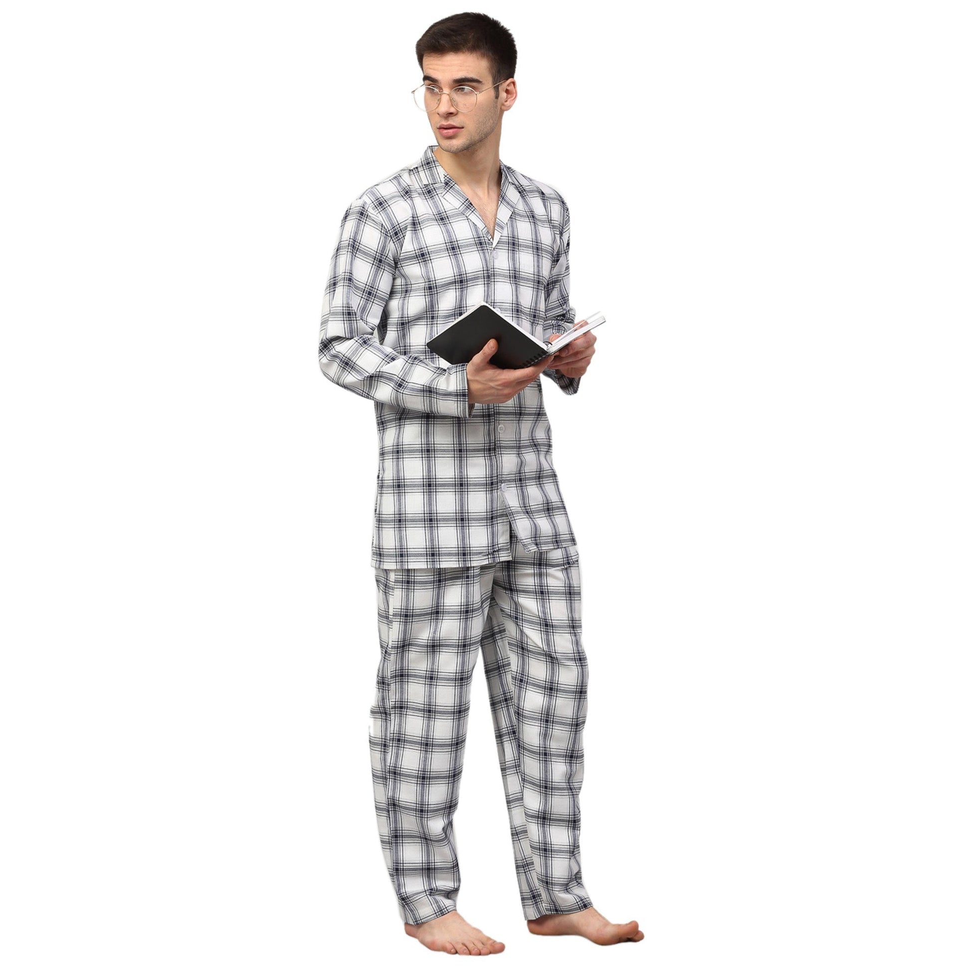 Jainish Men's White Checked Night Suits ( GNS 001White ) | Swadesiicart