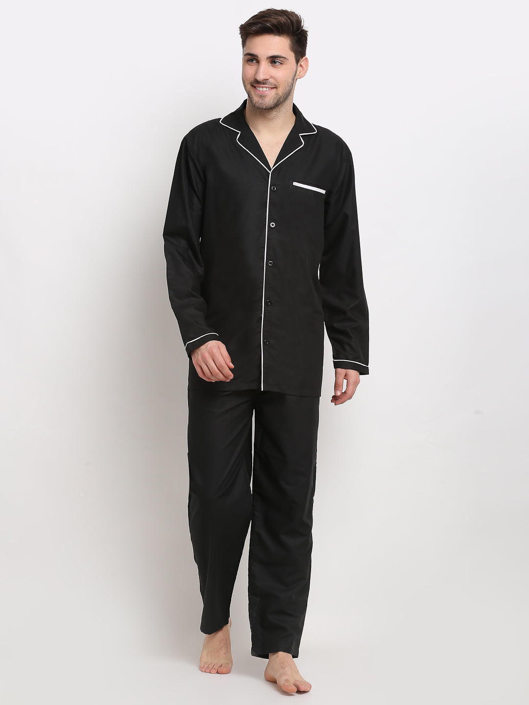Jainish Men's Black Cotton Solid Night Suits ( GNS 003Black ) | Swadesiicart