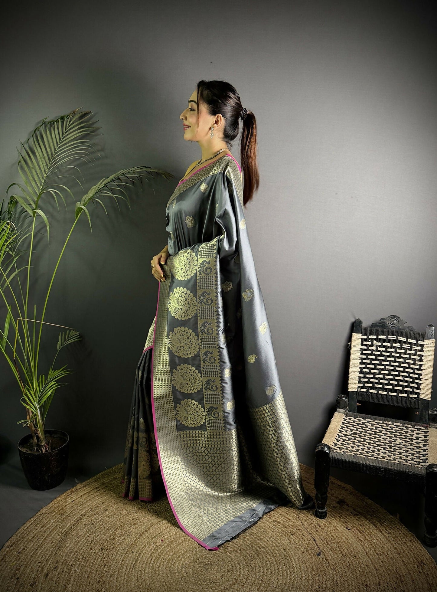 Joban Fashion Dark Grey Banarasi Soft Lichi Silk Paisley Saree | Swadesiicart