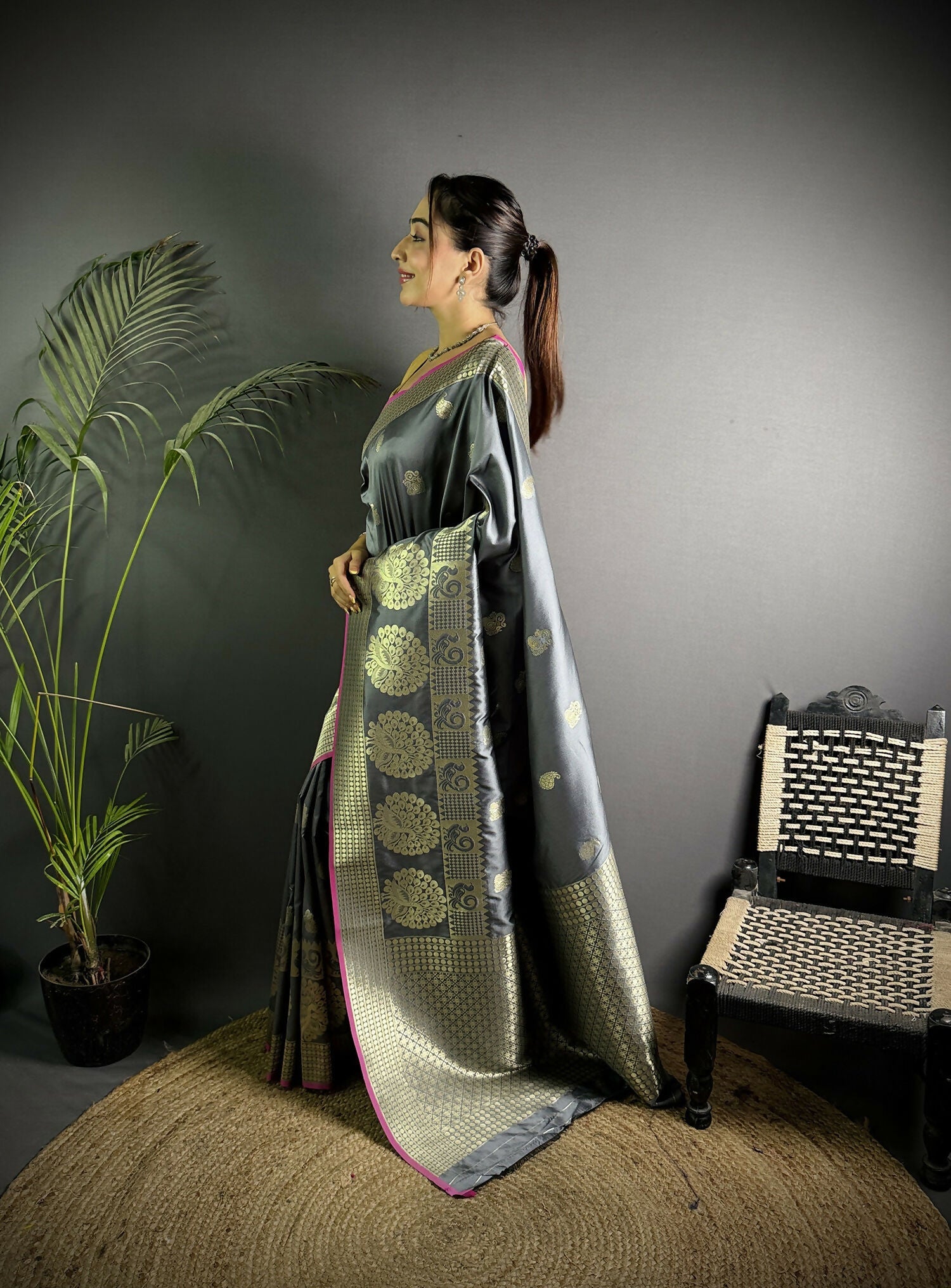 Joban Fashion Dark Grey Banarasi Soft Lichi Silk Paisley Saree | Swadesiicart