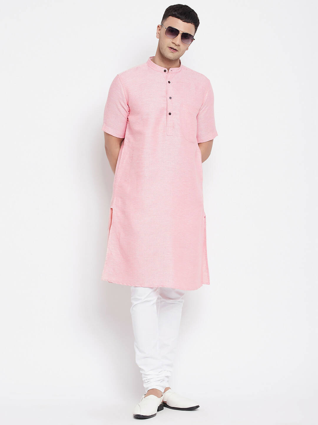 Even Apparels Pink Pure Cotton Men's H/S Kurta With Band Collar | Swadesiicart