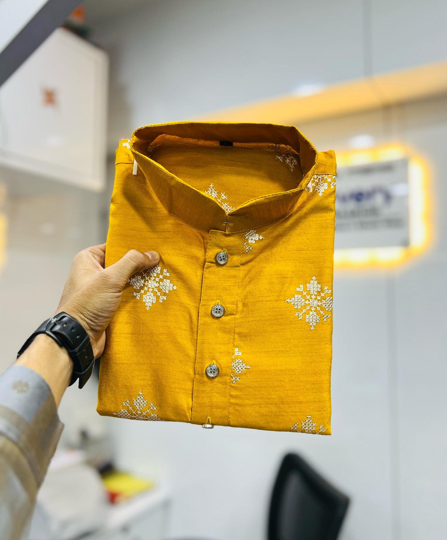 Neera Trendz Mustard Soft Parbon Silk Embroidered Men's Kurta Pyjama - Swadesiicart