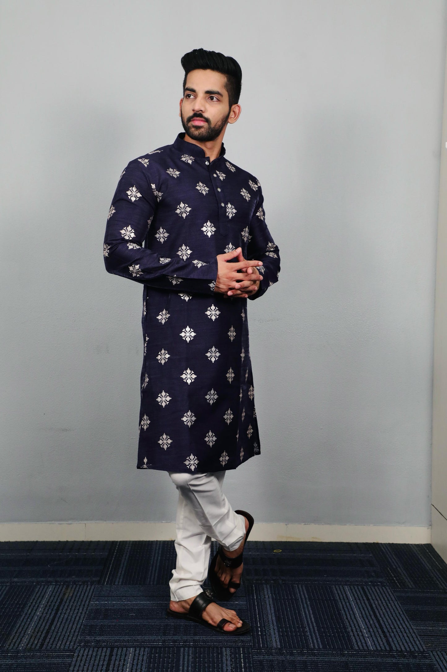 Neera Trendz Navy Blue Soft Parbon Silk Embroidered Men's Kurta Pyjama - Swadesiicart