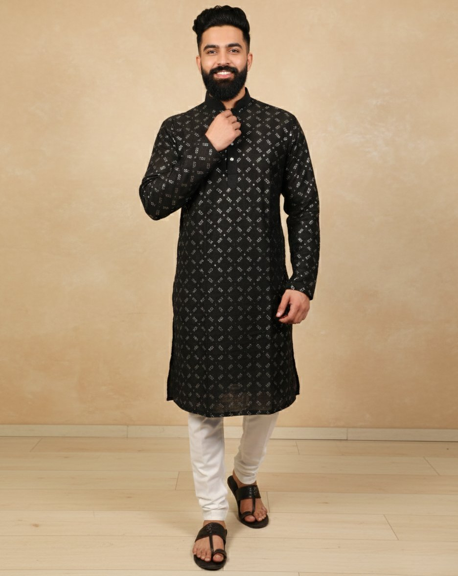 Neera Trendz Black Heavy Soft Silk Mirror Work Men's Kurta Pyjama - Swadesiicart