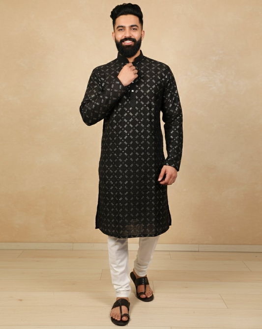 Neera Trendz Black Heavy Soft Silk Mirror Work Men's Kurta Pyjama - Swadesiicart