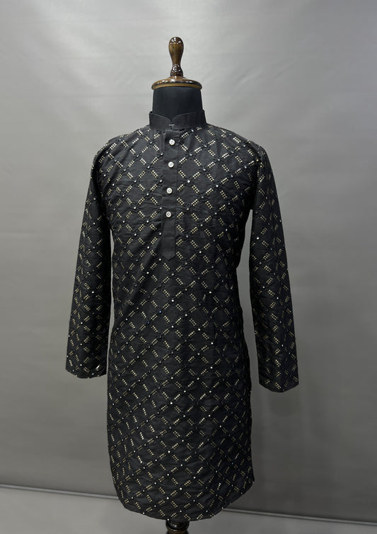 Neera Trendz Black Heavy Soft Silk Mirror Work Men's Kurta Pyjama - Swadesiicart