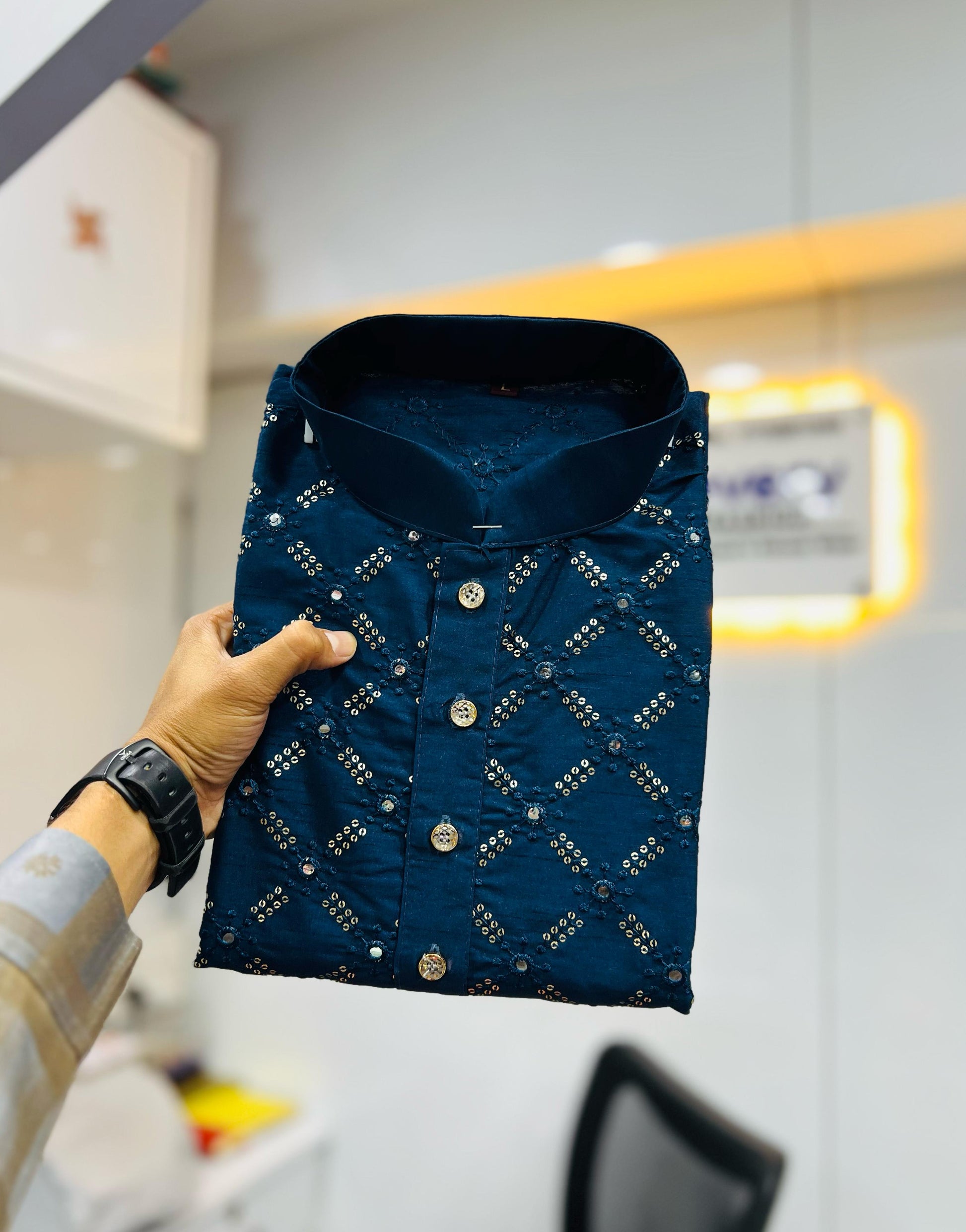 Neera Trendz Navy Blue Heavy Soft Silk Mirror Work Men's Kurta Pyjama - Swadesiicart