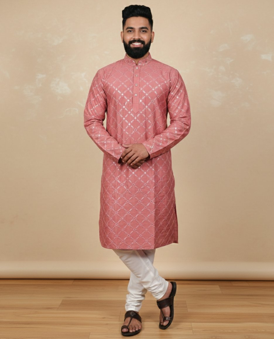 Neera Trendz Pink Heavy Soft Silk Mirror Work Men's Kurta Pyjama - Swadesiicart