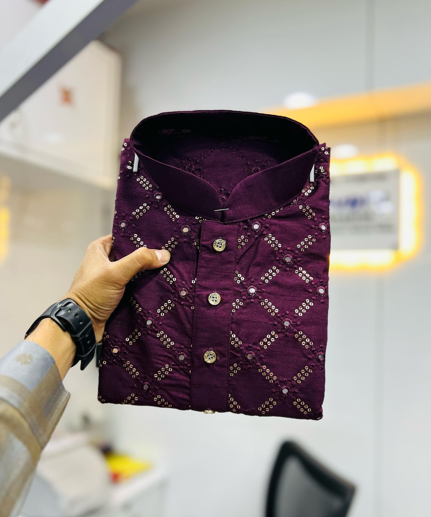 Neera Trendz Wine Heavy Soft Silk Mirror Work Men's Kurta Pyjama - Swadesiicart