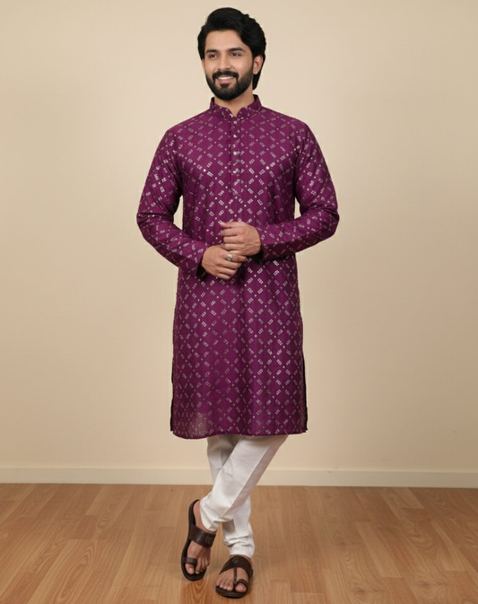 Neera Trendz Wine Heavy Soft Silk Mirror Work Men's Kurta Pyjama - Swadesiicart