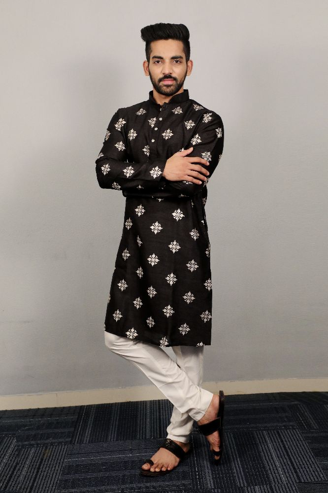 Neera Trendz Black Soft Parbon Silk Embroidered Men's Kurta Pyjama - Swadesiicart