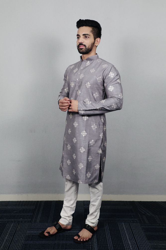 Neera Trendz Grey Soft Parbon Silk Embroidered Men's Kurta Pyjama - Swadesiicart
