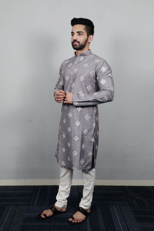 Neera Trendz Grey Soft Parbon Silk Embroidered Men's Kurta Pyjama - Swadesiicart