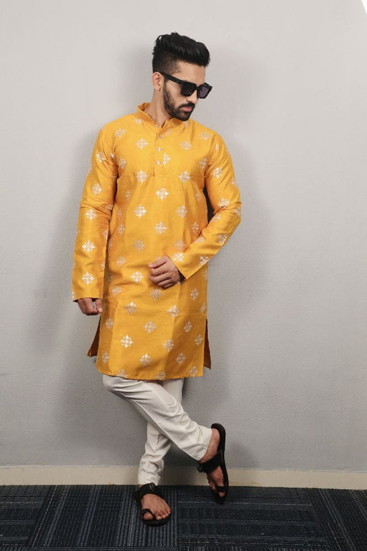 Neera Trendz Mustard Soft Parbon Silk Embroidered Men's Kurta Pyjama - Swadesiicart