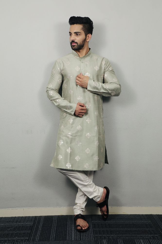 Neera Trendz Olive Soft Parbon Silk Embroidered Men's Kurta Pyjama - Swadesiicart
