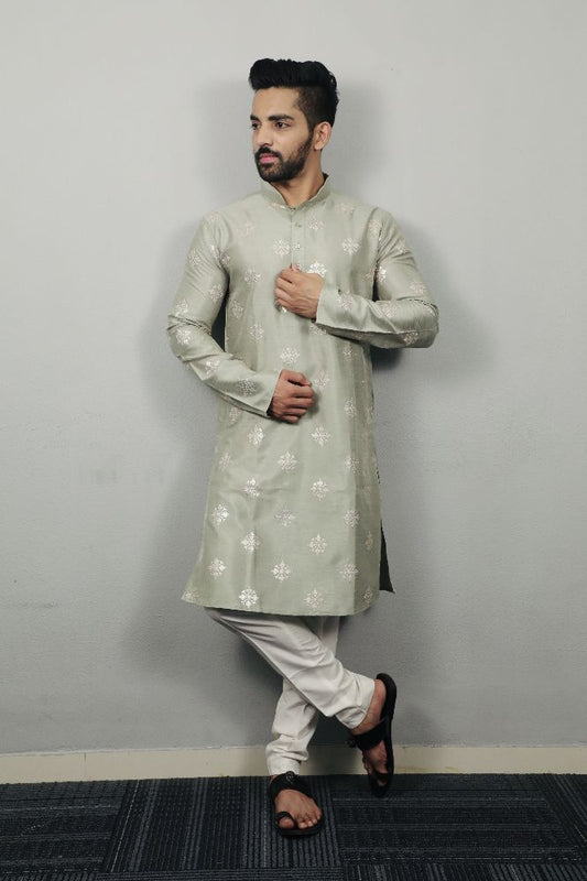 Neera Trendz Olive Soft Parbon Silk Embroidered Men's Kurta Pyjama - Swadesiicart