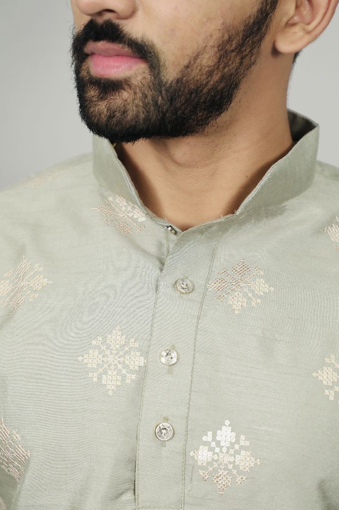 Neera Trendz Olive Soft Parbon Silk Embroidered Men's Kurta Pyjama - Swadesiicart