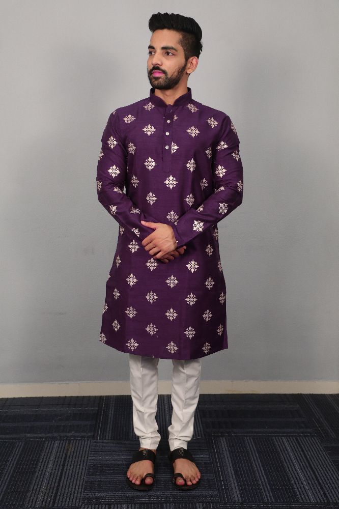 Neera Trendz Violet Soft Parbon Silk Embroidered Men's Kurta Pyjama - Swadesiicart