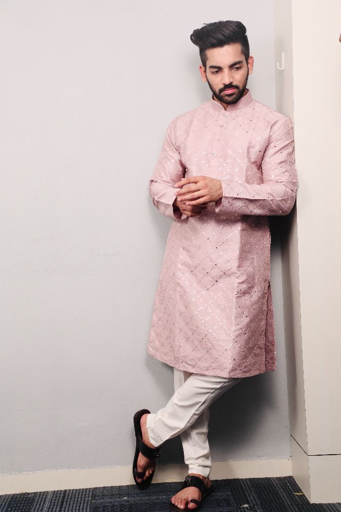 Neera Trendz Light Purple Heavy Soft Silk Mirror Work Men's Kurta Pyjama - Swadesiicart