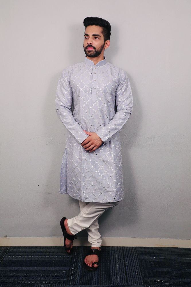 Neera Trendz Light Mauve Heavy Soft Silk Mirror Work Men's Kurta Pyjama - Swadesiicart