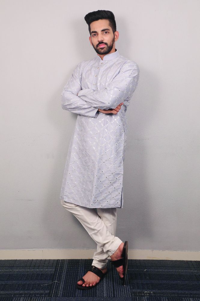 Neera Trendz Light Mauve Heavy Soft Silk Mirror Work Men's Kurta Pyjama - Swadesiicart
