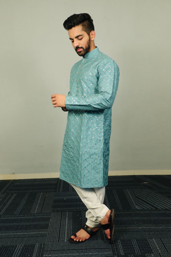 Neera Trendz Light Blue Heavy Soft Silk Mirror Work Men's Kurta Pyjama - Swadesiicart