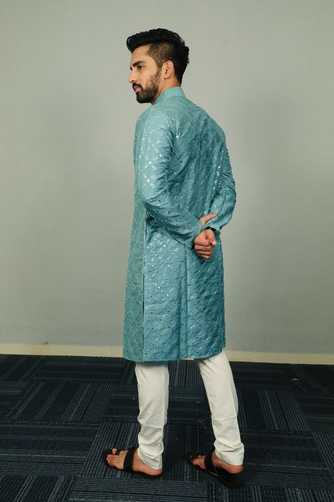Neera Trendz Light Blue Heavy Soft Silk Mirror Work Men's Kurta Pyjama - Swadesiicart