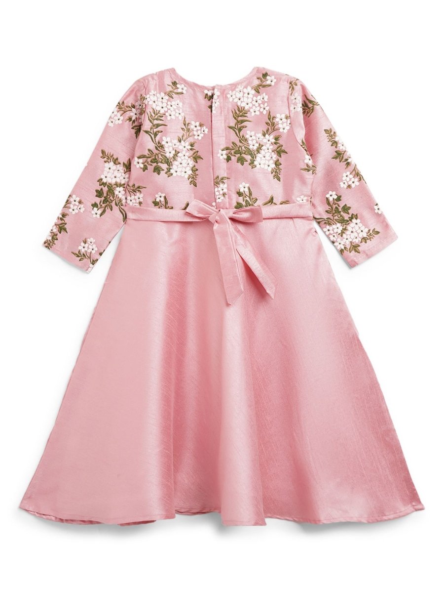 Ahalyaa Girls Pink Poly Silk Solid Kids Kurta With Printed Jacket | Swadesiicart