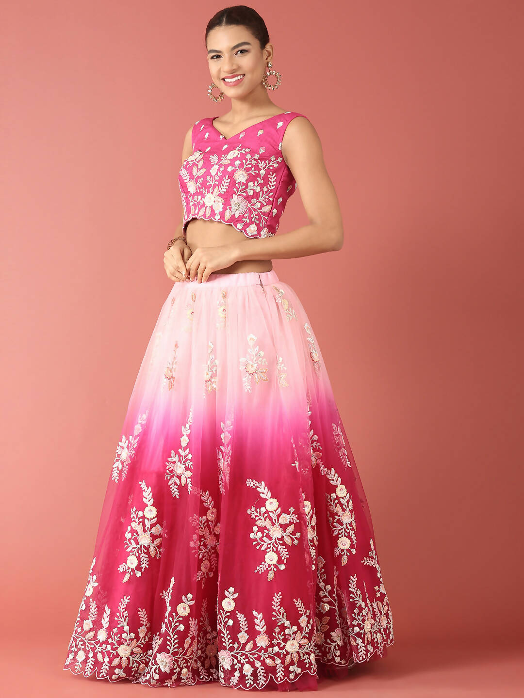 House of Panchhi Rose Tone Shadding Net Sequinse Work Lehenga & Blouse, Dupatta | Swadesiicart
